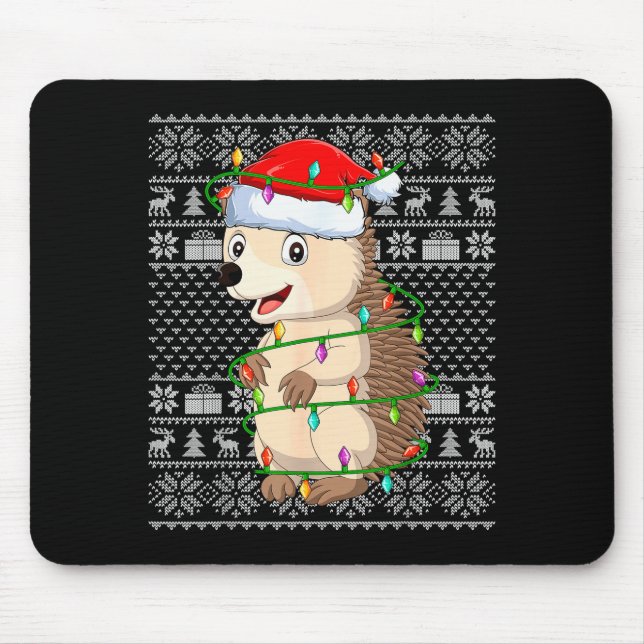 Hedgehog Christmas Lights Ugly Sweater Funny Santa Mousepad (Vorne)