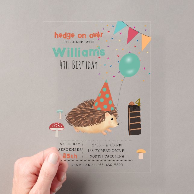 Hedgehog Mushroom Woodland Forest Balloon Birthday Acryleinladungen (Insitu (Handheld))