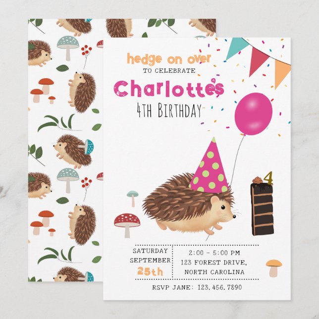 Hedgehog Mushroom Woodland Forest Balloon Birthday Einladung (Vorne/Hinten)