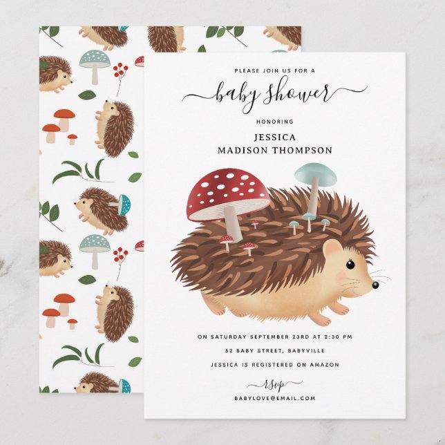 Hedgehog Mushroom Woodland Funny Baby Shower Einladung (Vorne/Hinten)