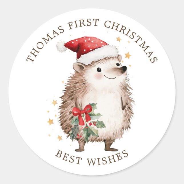 Hedgehog Santa Hat Baby 1st Christmas Runder Aufkleber (Vorderseite)