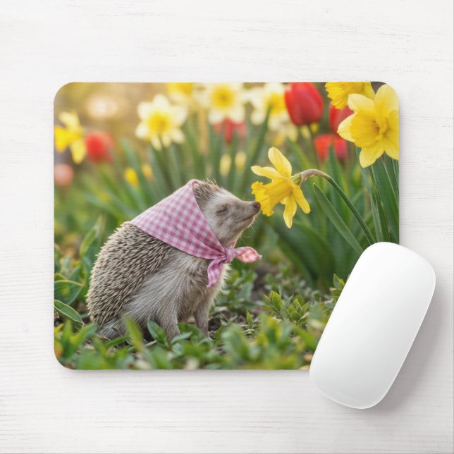 Hedgehog Smelling a Yellow Daffodil Mousepad (Mit Mouse)