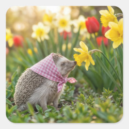 Hedgehog Sniffing a Yellow Daffodil Quadratischer Aufkleber