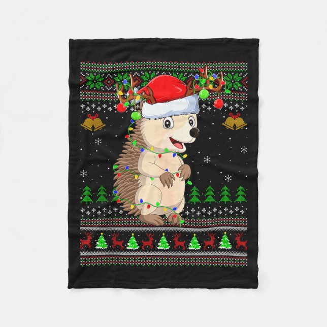 Hedgehog Ugly Christmas Sweaters Holiday Santa Cut Fleecedecke (Vorderseite)