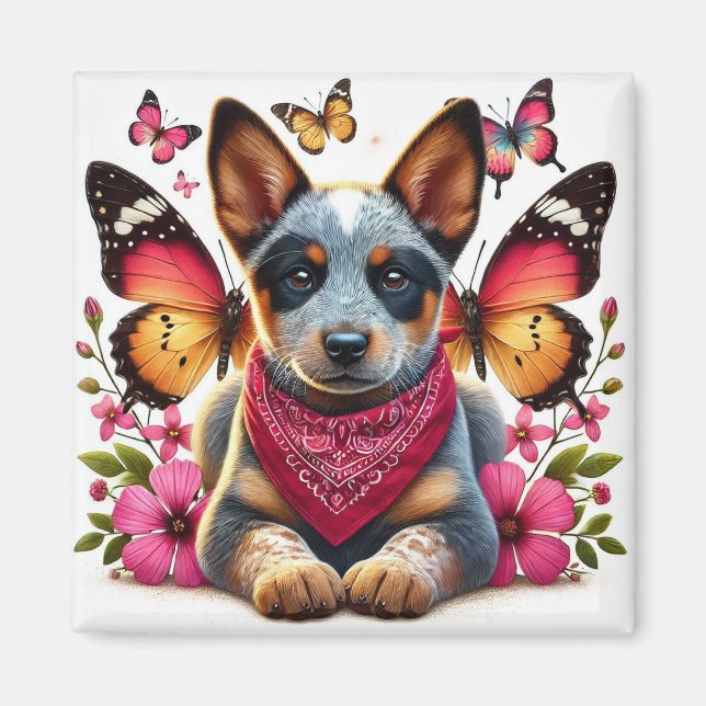Heeler Puppy umgeben von Schmetterlingen und Blume Magnet (Vorne)