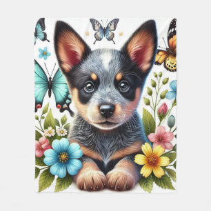 Heeler Welpe mit Schmetterlingen und Blume Fleecedecke