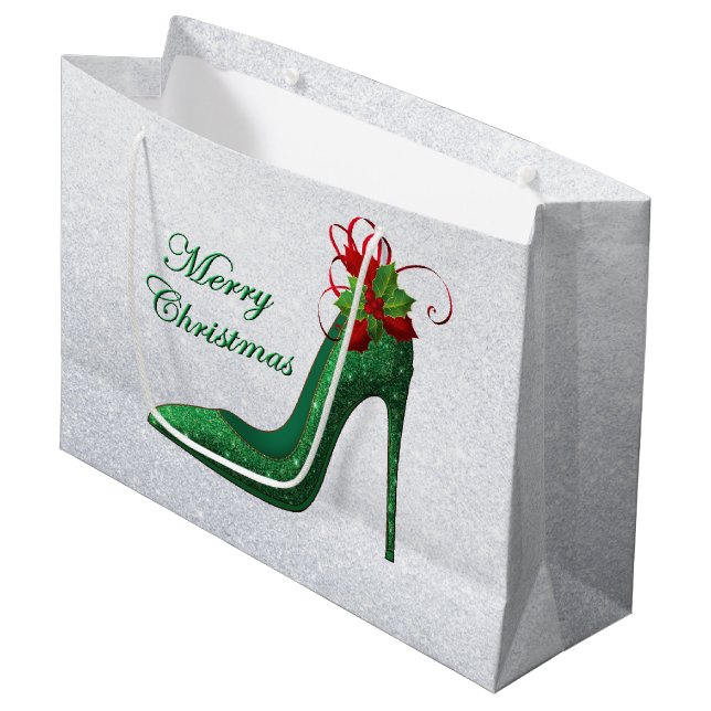 Heels für grünen Glitzer geben Tasche Große Geschenktüte (Vorderseite Schrägansicht)