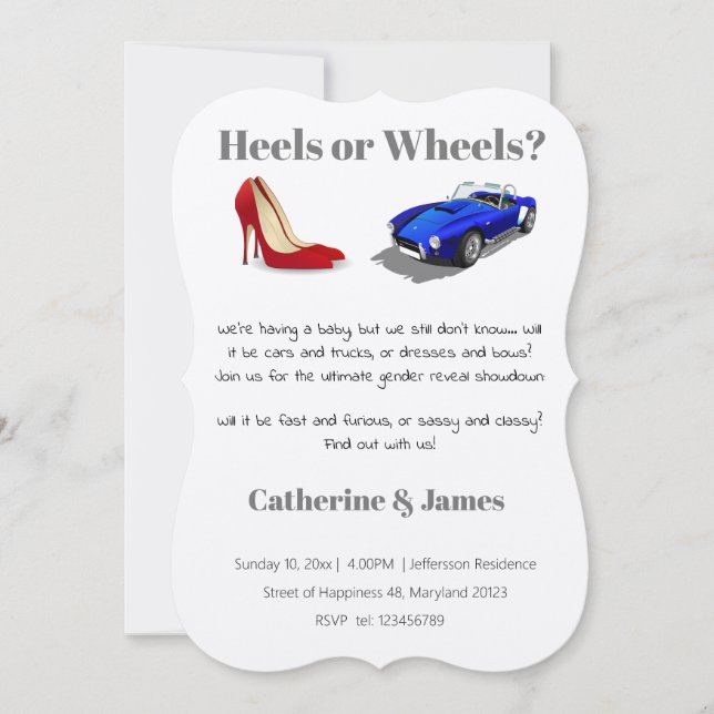 Heels oder Räder Chic Lässige Quirky Gender Reveal Einladung (Vorderseite)