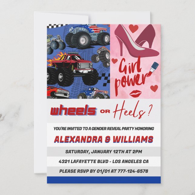 Heels oder Räder Geschlecht zeigen Einladung pink  (Vorderseite)
