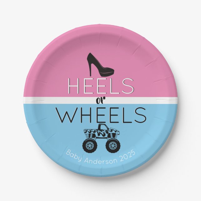Heels oder Räder Monster-Lkw-Gender-Bericht Pappteller (Vorderseite)