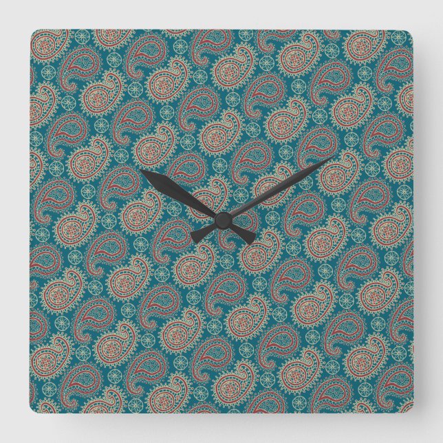 Heffalumps Red Blue Beige Paisley Wall Clock Quadratische Wanduhr (Vorderseite)
