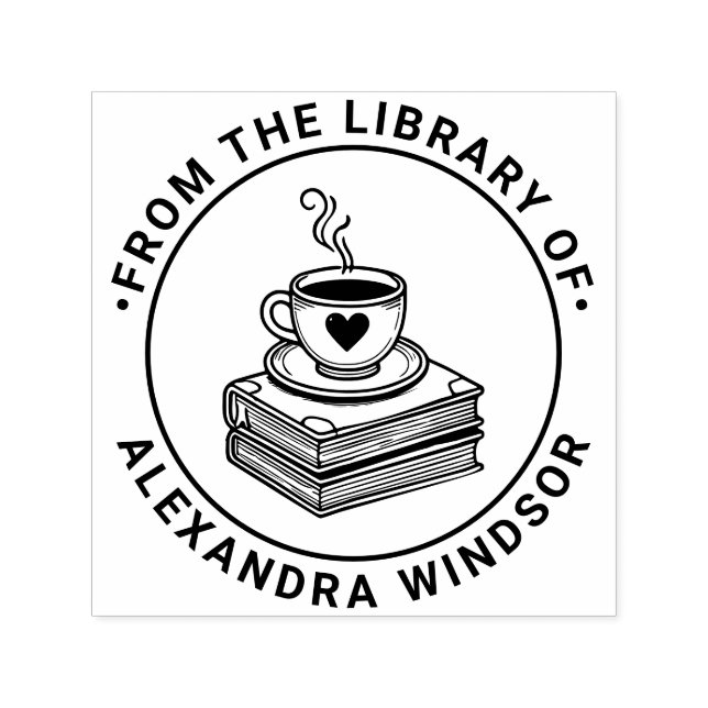 Heft Coffee Cup on Book Stack Library Name Permastempel (Design)