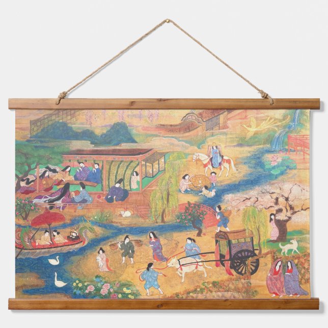 Heian Courtyard Scene: Tales from a Gilded Scroll Wandteppich Mit Holzrahmen (Vorne)