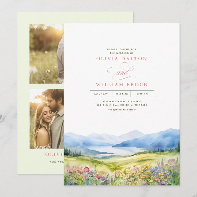 Heidi Mountains Wildblumen Hochzeit 3 Fotos Einladung (Vorne/Hinten)