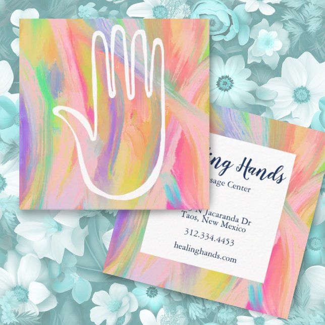 Heilende Hand Regenbogen farbige Ölfarbe Quadratische Visitenkarte (Healing hands custom square business cards with colorful abstract art)