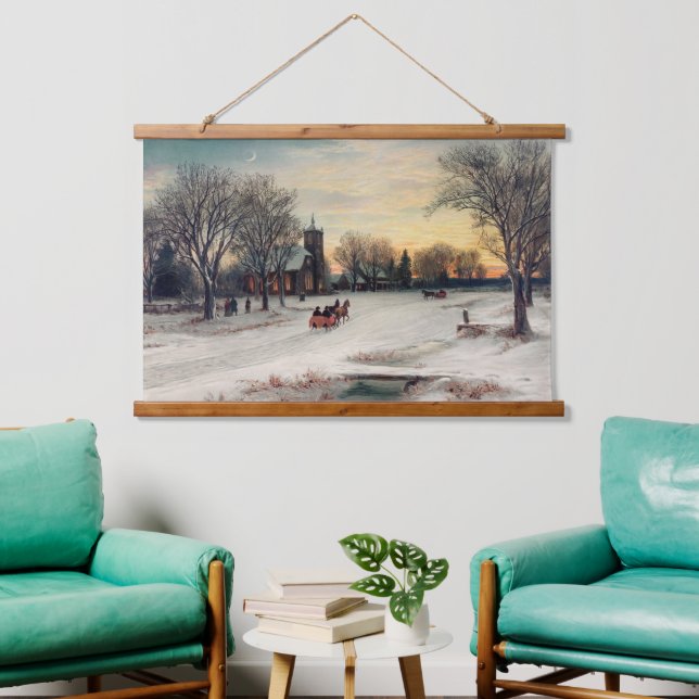 Heiligabend, Vintage Illustration Wandteppich Mit Holzrahmen (Wohnzimmer)