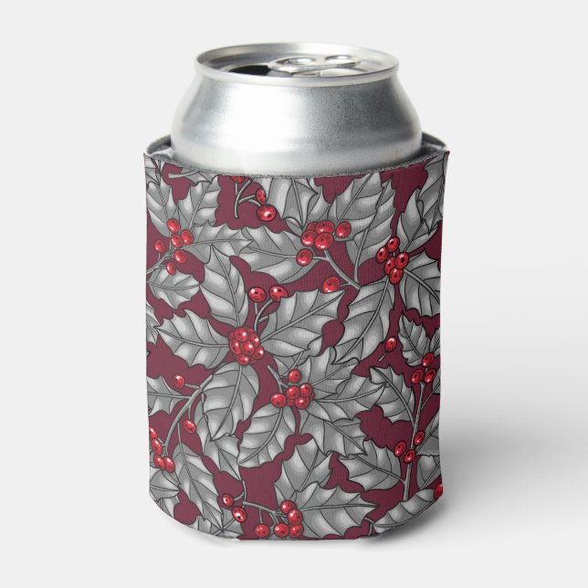 Heilige Beere, graue Blätter auf dunkelrot Dosenkühler (Kanne Vorderseite)