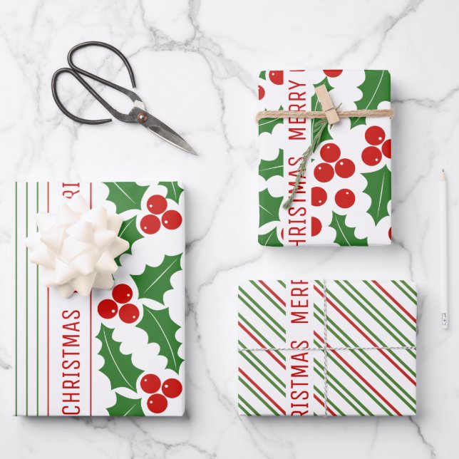 Heilige Beere und rote, grüne Streifen Frohe Weihn Geschenkpapier Set (Vorderseite)