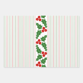 Heilige Beere und rote, grüne Streifen Weihnachten Geschenkpapier Set