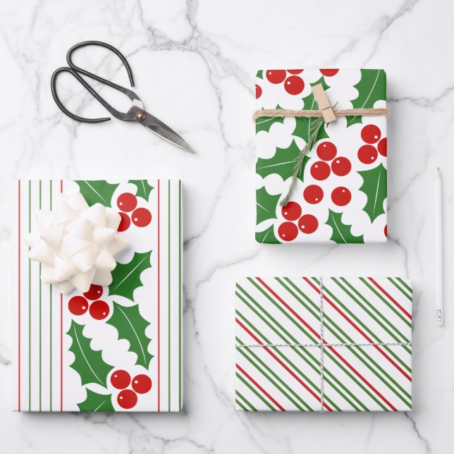 Heilige Beere und rote, grüne Streifen Weihnachten Geschenkpapier Set (Vorderseite)