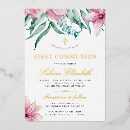 Heilige erste Kommunion Blumenrosa elegantes Gold Folieneinladung