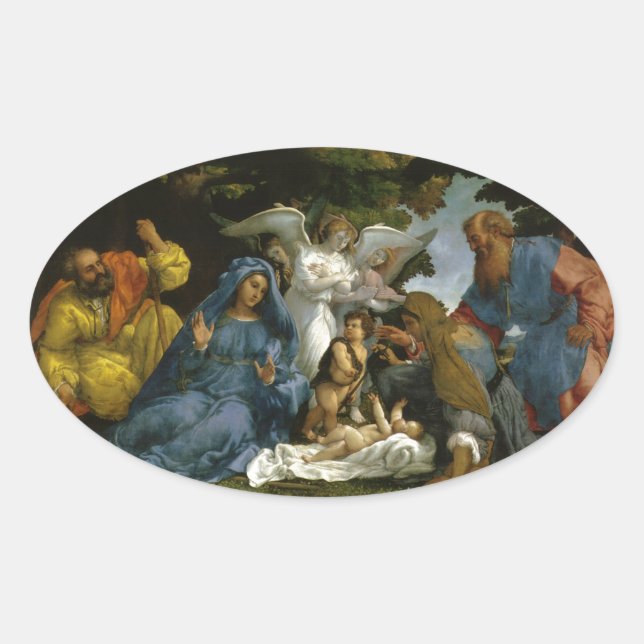 Heilige Familie mit Heiligen und Engeln Ovaler Aufkleber (Vorderseite)