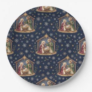 Heilige Geburt Navy Blau Weihnachtsstern & Schneef Pappteller