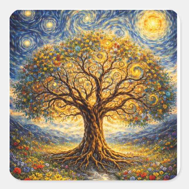 heilige Geometrie Kunst Baum Quadratischer Aufkleber (Vorderseite)
