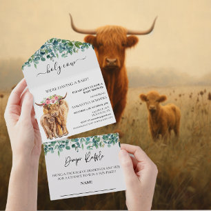Heilige Highland-Kuh-Baby-Shower-Kalb-Aquarell   All In One Einladung