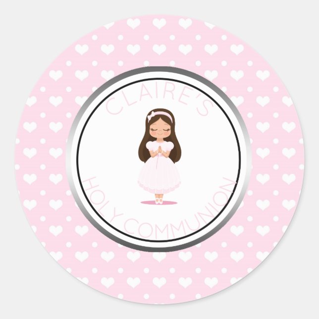Heilige Kommunion Girl Gunst Pink Hearts Runder Aufkleber (Vorderseite)