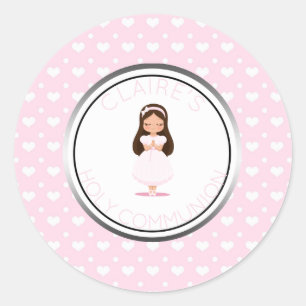Heilige Kommunion Girl Gunst Pink Hearts Runder Aufkleber
