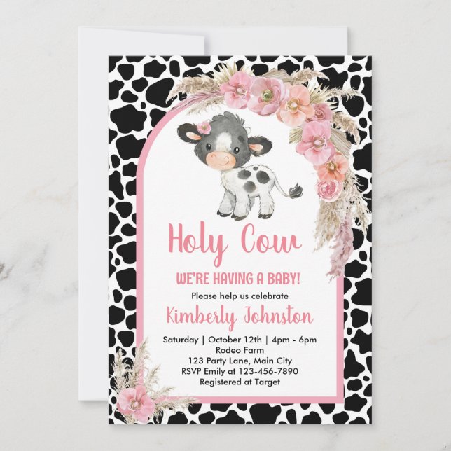 Heilige Kuh Boho Baby Dusche Rosa Farm Mädchen Blü Einladung (Vorderseite)