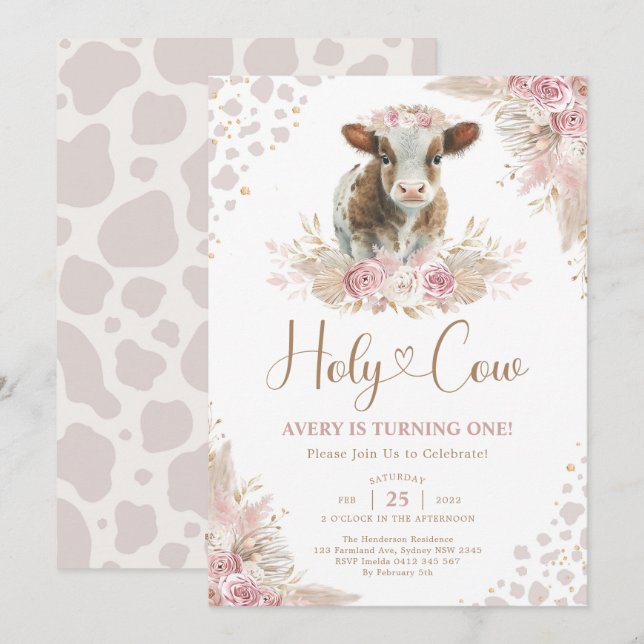 Heilige Kuh Boho Pink Pampas Kuh Baby Girl Geburts Einladung (Vorne/Hinten)