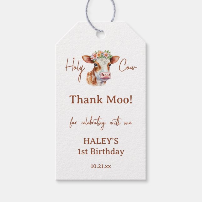 Heilige Kuh Danke Moo Brown Print 1st Baby Birthda Geschenkanhänger (Vorderseite)