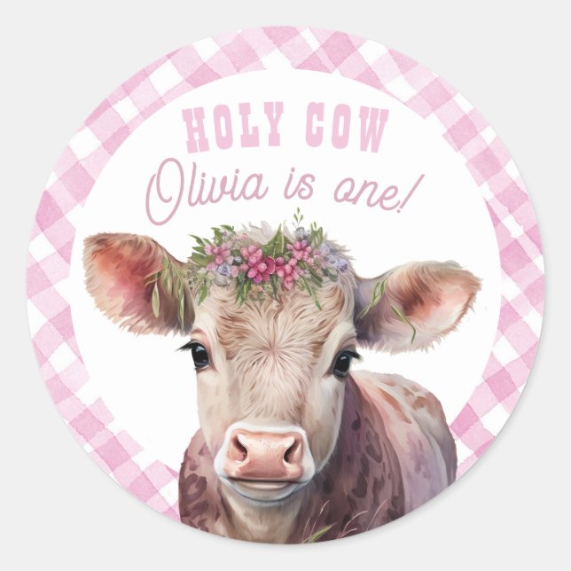 Heilige Kuh Ich bin ein rosa Gingham Party Sticker (Vorderseite)