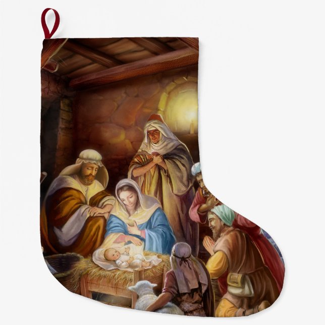 Heilige Nacht Jesus in der Krippe Großer Weihnachtsstrumpf (Vorderseite)