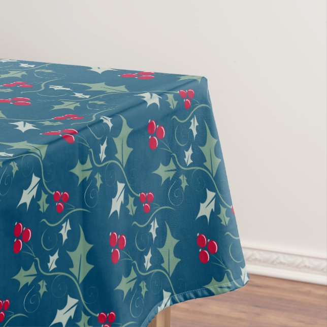 Heilige rote Beeren Weihnachtsgrün gemustert blaue Tischdecke (Beispiel)