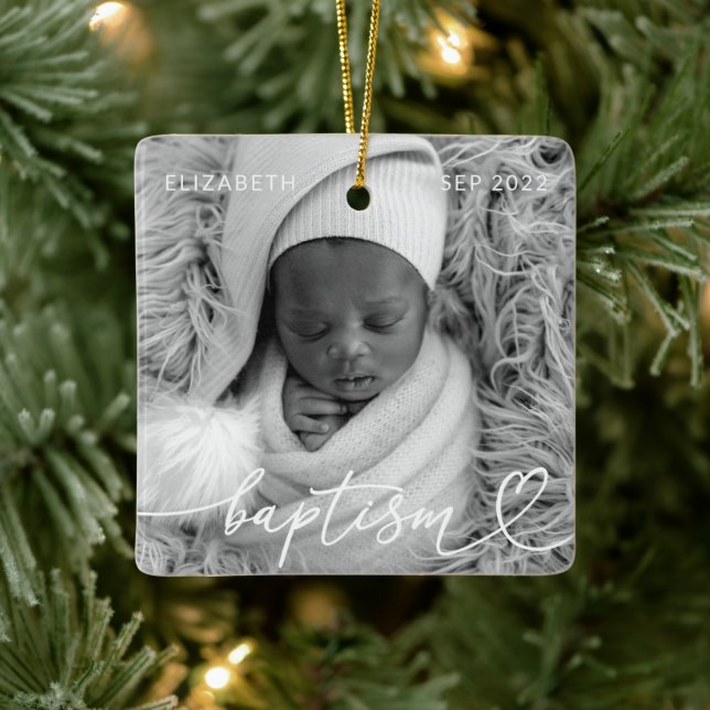 Heilige Taufe Elegantes Foto Modernes Chic Heart B Keramikornament (Baum)