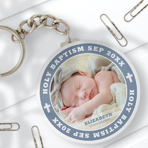 Heilige Taufe Modernes Foto des Weißen Kreuzes Schlüsselanhänger