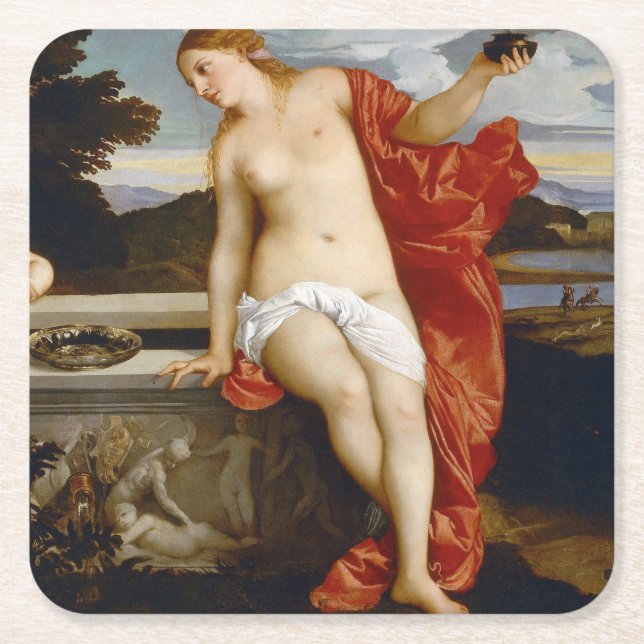 Heilige und profane Liebe, Tiziano Vecelli, 1515 Rechteckiger Pappuntersetzer (Vorderseite)