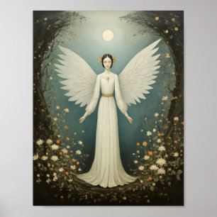 Heiliger Engel mit Flügeln, zwischen Blumen Poster