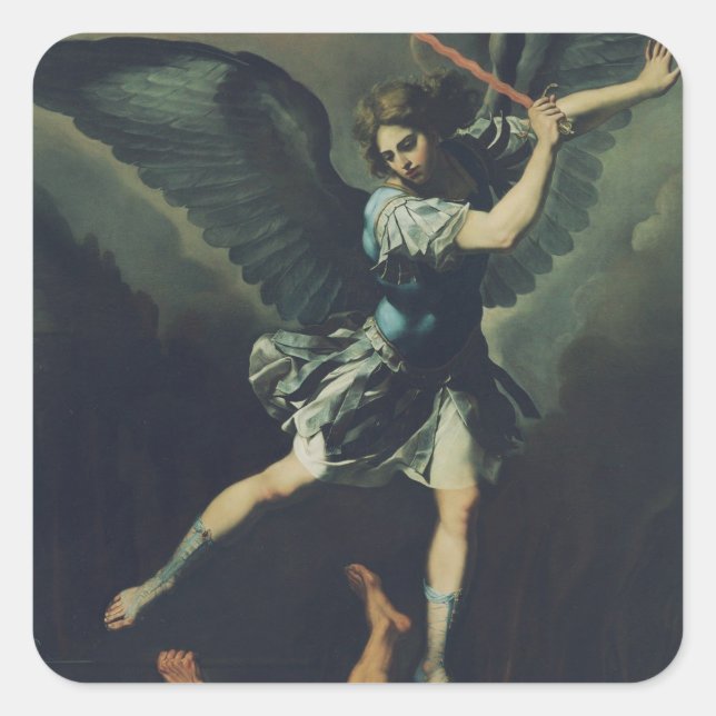 Heiliger Erzengel Michael besiegt den Teufel Quadratischer Aufkleber (Vorderseite)
