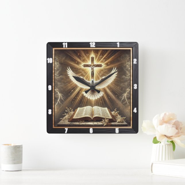 Heiliger Geist-Kreuz-Taubenbibel Quadratische Wanduhr (Zuhause)