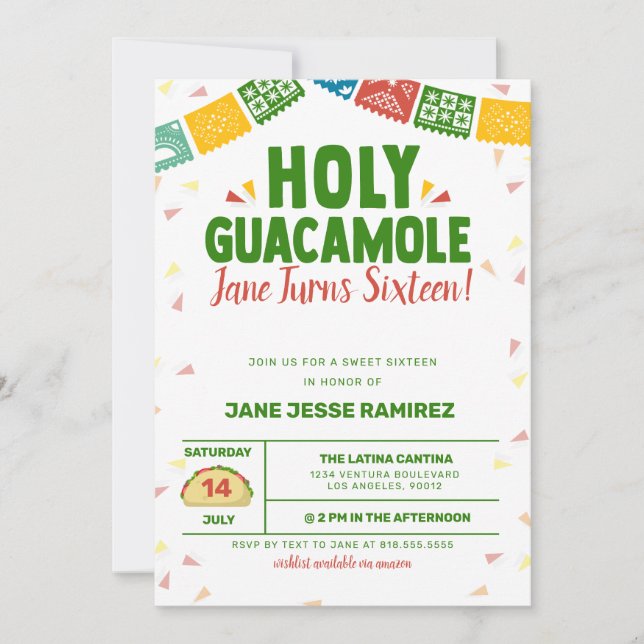 Heiliger Guacamole 16. Geburtstag Fiesta Einladung (Vorderseite)