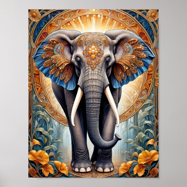 Heiliger indischer Elefant über ethnische Muster u Poster (Vorne)