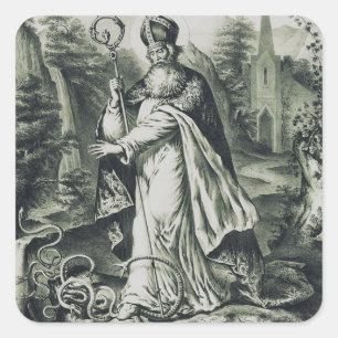 Heiliger Patrick vertreibt Schlangen Vintage-Stich Quadratischer Aufkleber
