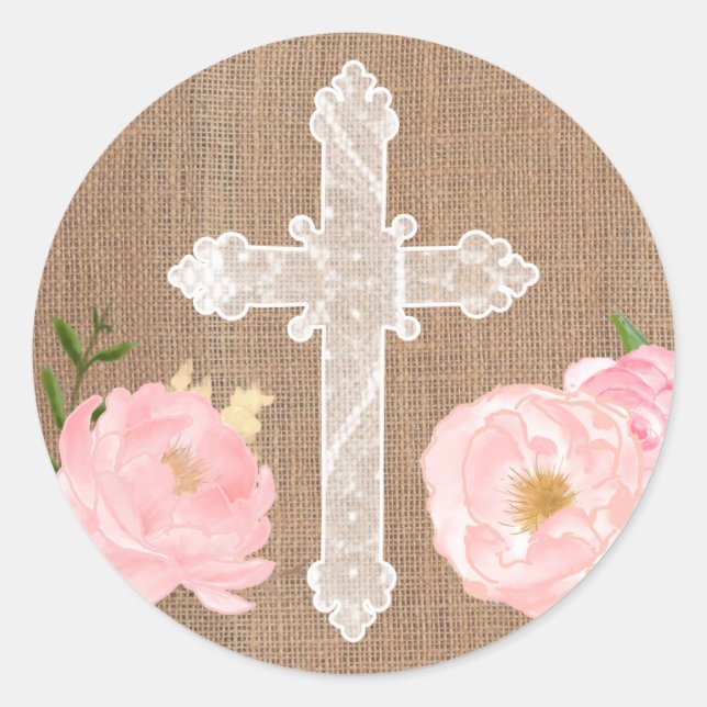 Heiliger Queraufkleber, weißes Kreuz mit rosa Runder Aufkleber (Vorderseite)