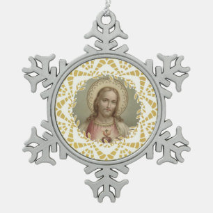 Heiliges Herz an der Grenze zu Jesus Gold Schneeflocken Zinn-Ornament