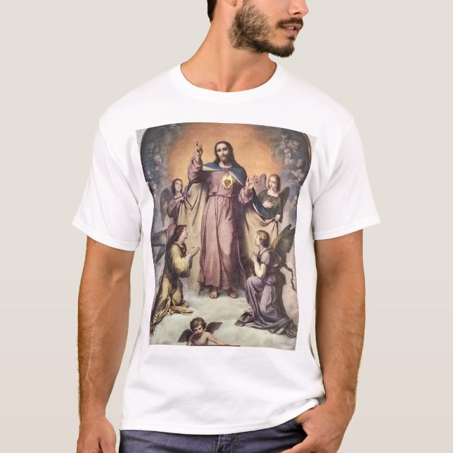 Heiliges Herz Jesu Bewundert von Engeln T-Shirt (Vorderseite)
