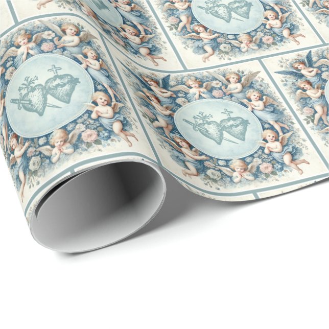 Heiliges Herz Jesu Engel gesegnet Mary Floral Geschenkpapier (Rolleneckpunkt)